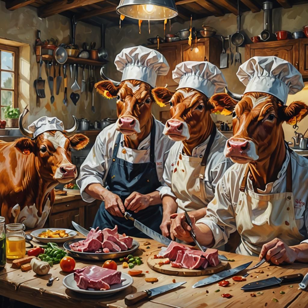 Surreal Cows Sharpening Knives, Oil Painting