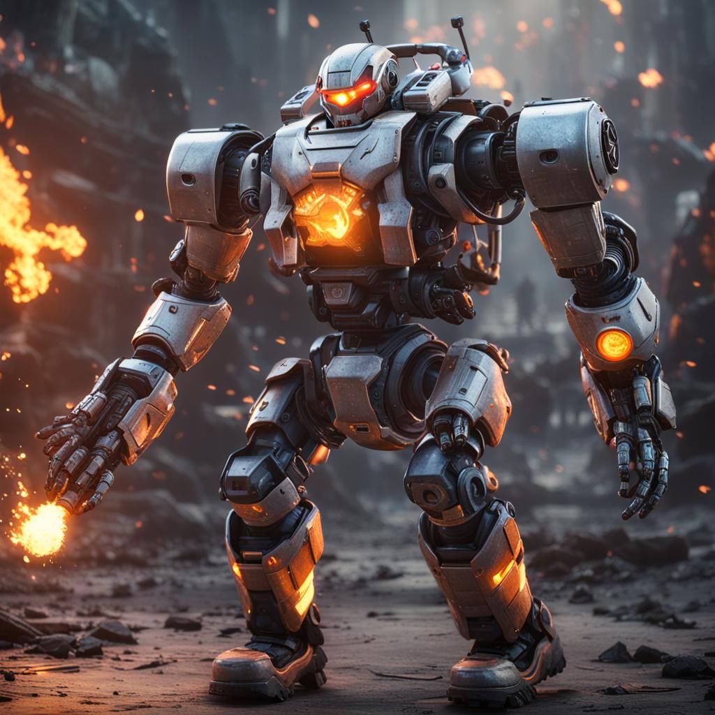 Humanoid Robot Wields Flamethrower in Cinematic 3D Render