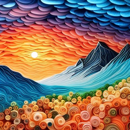 Vivid Quilling Sunset Over Mountain Landscape