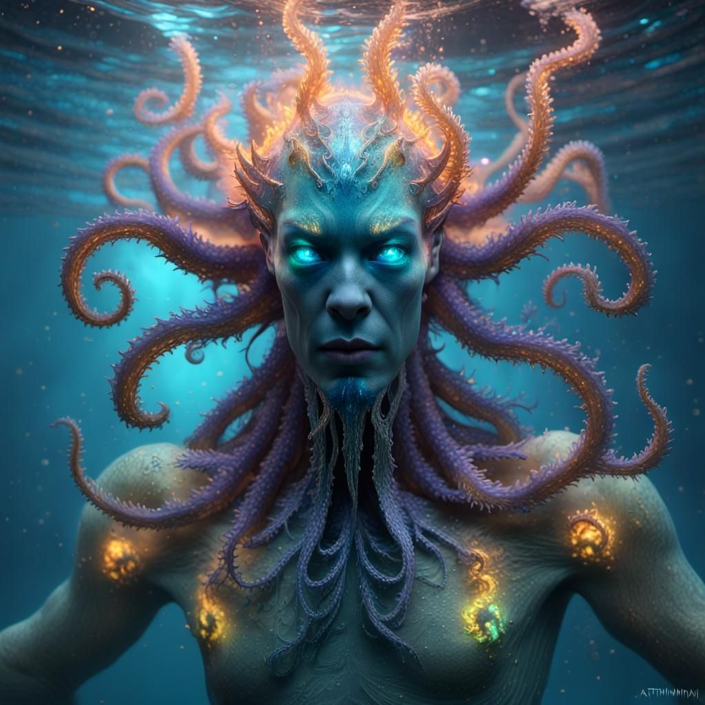 Handsome Kraken-Human Hybrid in Bioluminescent Ocean