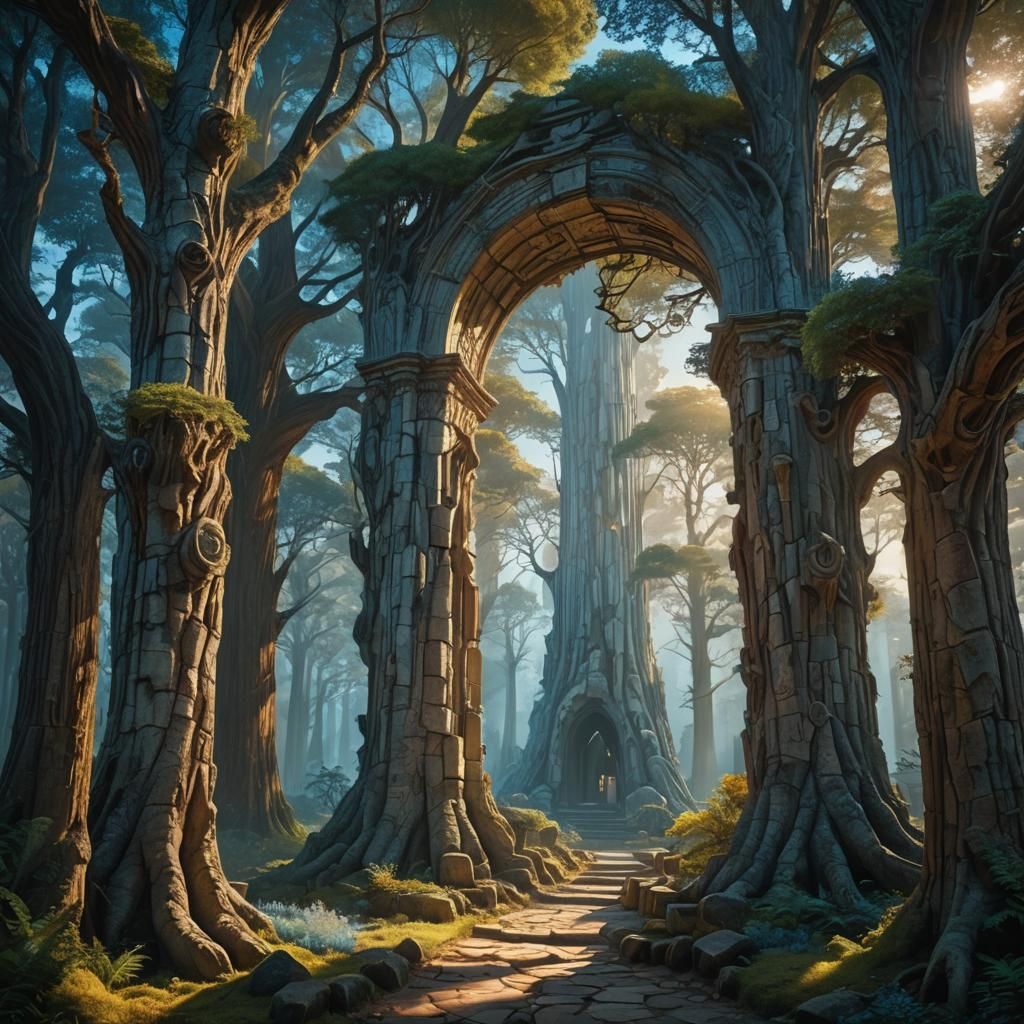 Misty Cypress Alley with Stained Glass Archway