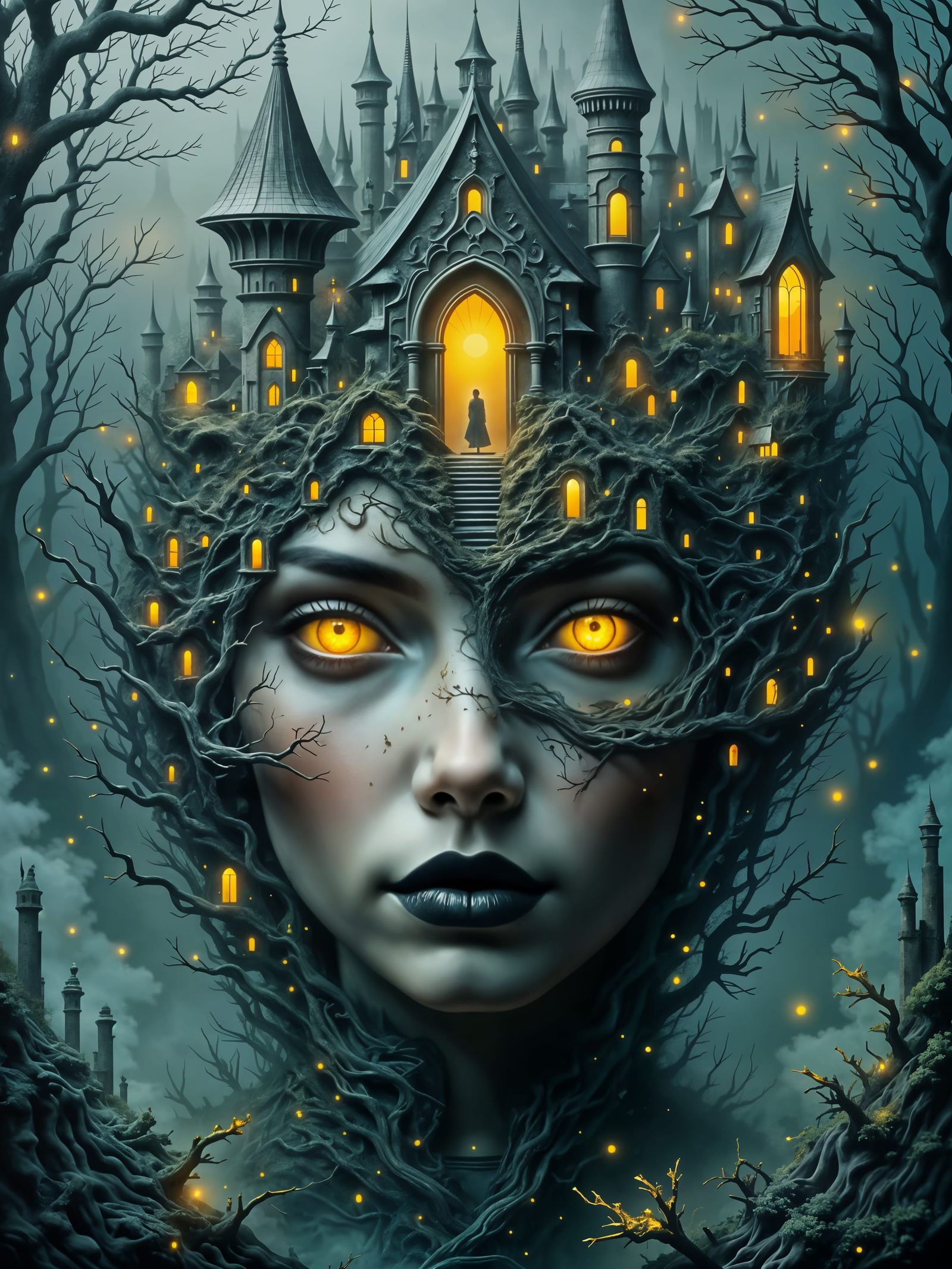 Surreal Gothic Castle Merges with Woman's Face