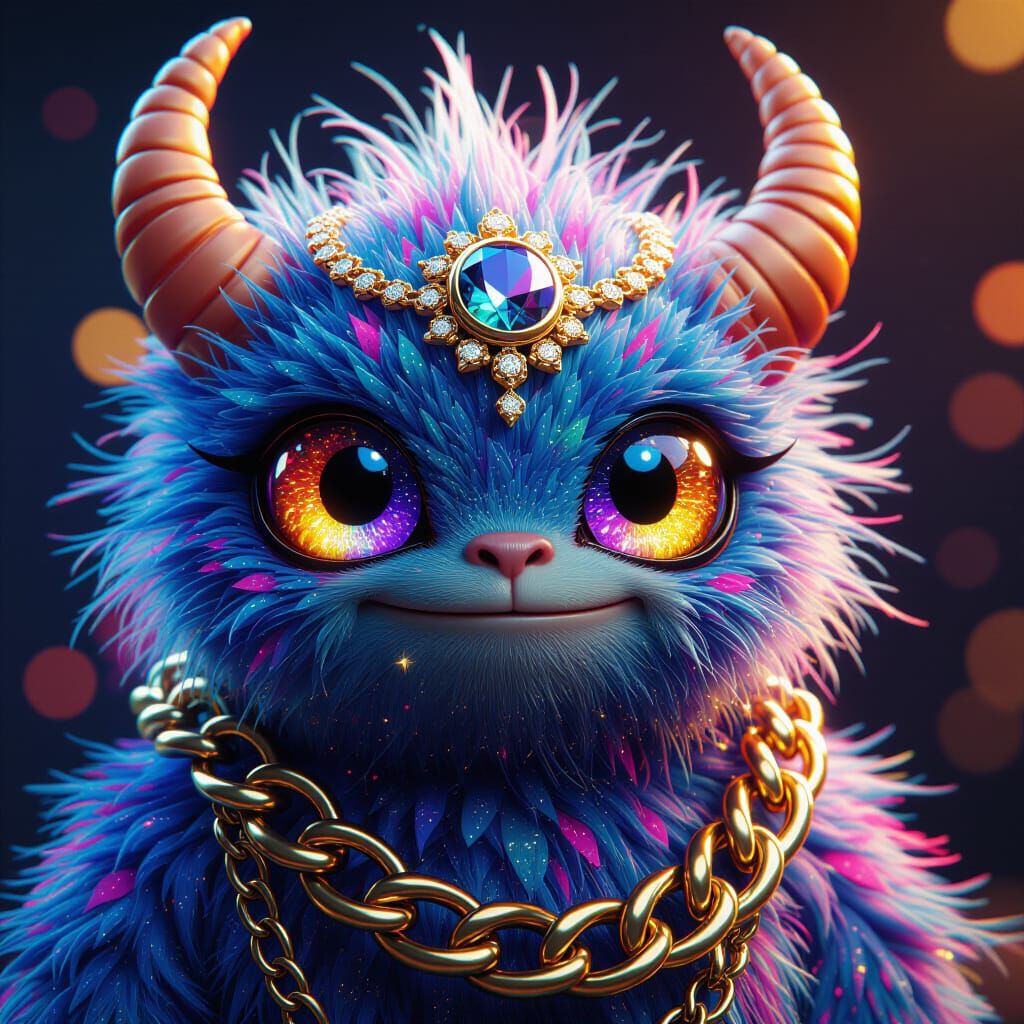 Fuzzy Monster Portrait with Gold Chain, Hyper-realistic Text...