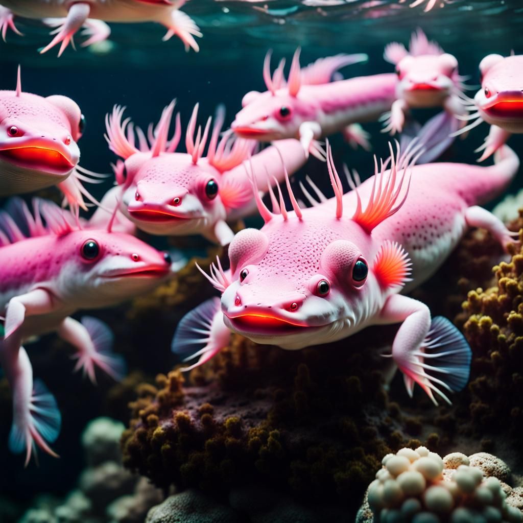 Axolotls in Ocean: Hyperrealistic Cinematic 3D Render