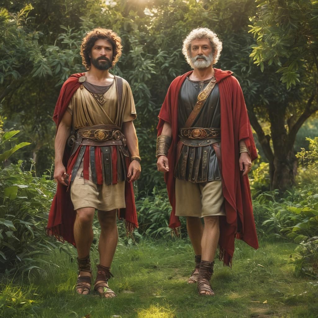 Roman Men in Garden with Caravaggio Lighting