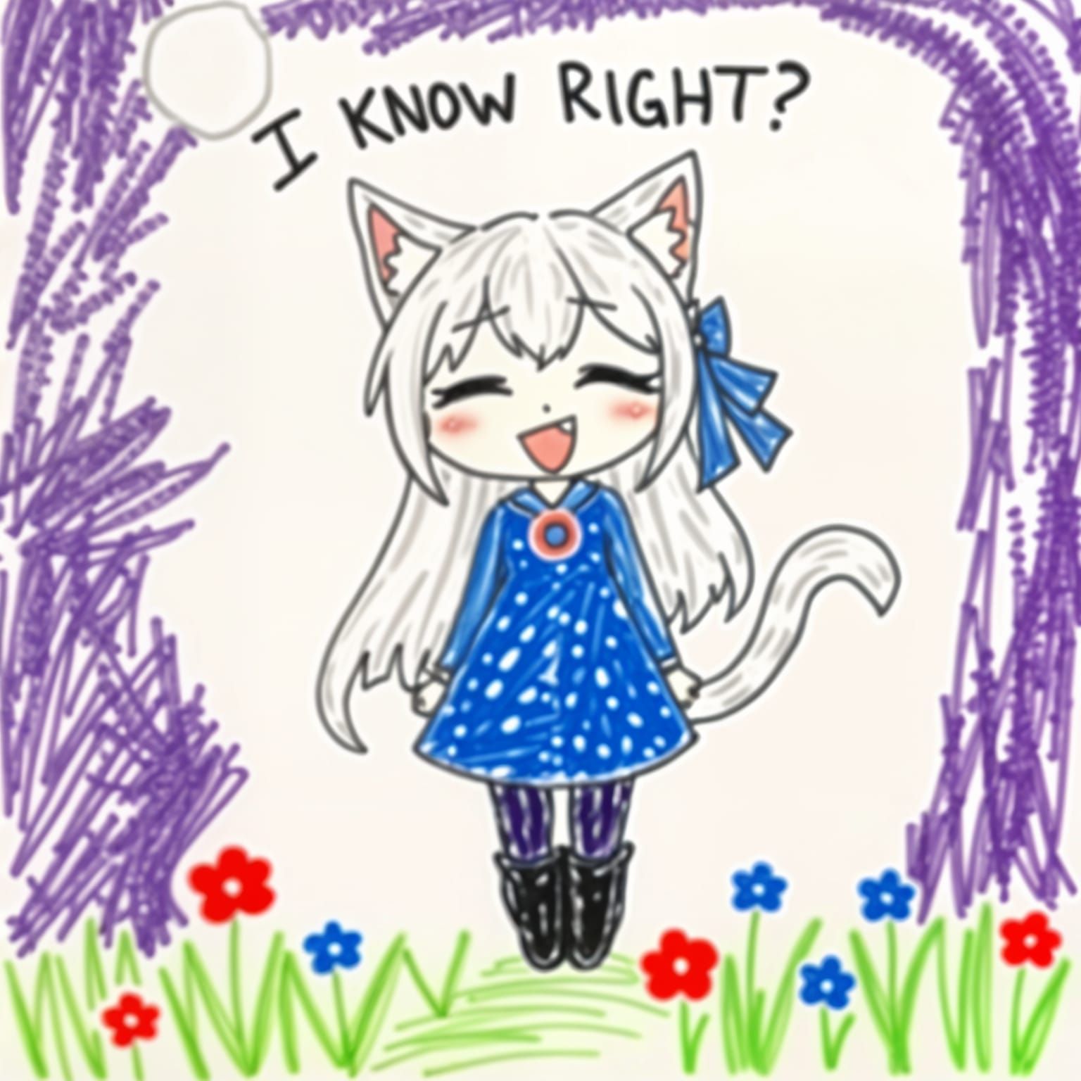 Anime Catgirl Crayon Drawing with Amused Expression