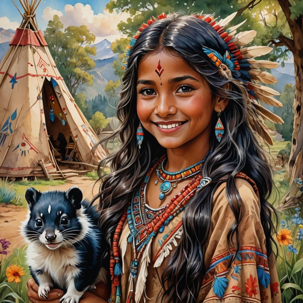 (very cute,adorable Indian girl, with a cute skunk, super cu...