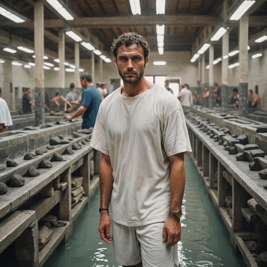 A gladiator in a roman bathhouse.