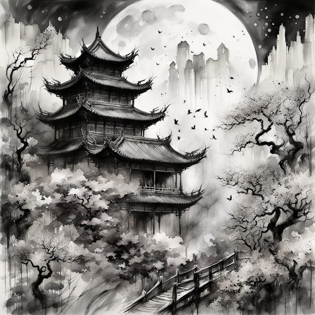 Dramatic Chinese Moonscape in Digital Watercolor