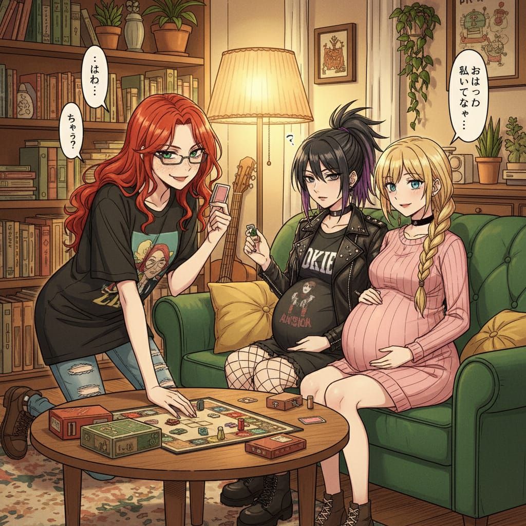 Anime Scene: Woman Plays Games With Two Pregnant Wives