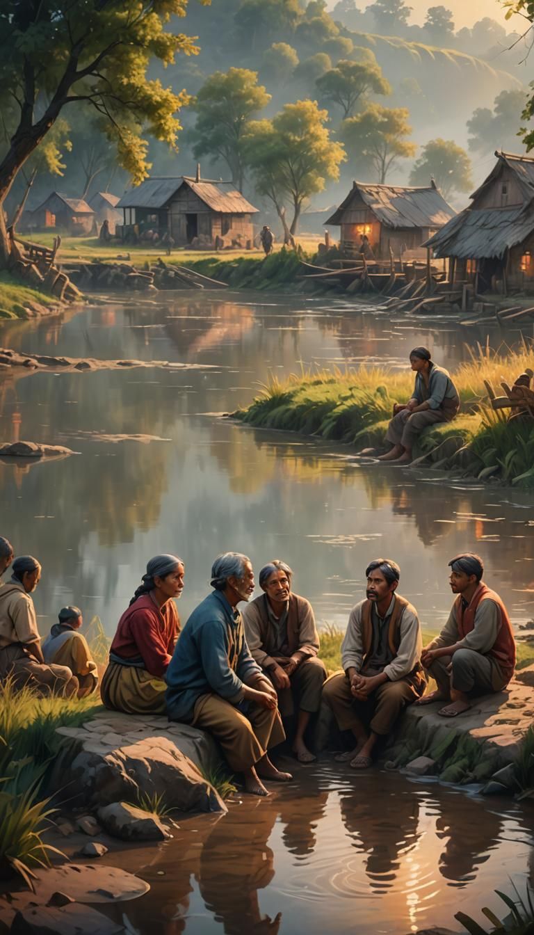 Sad Villagers by River in Hyperrealistic Oil Painting