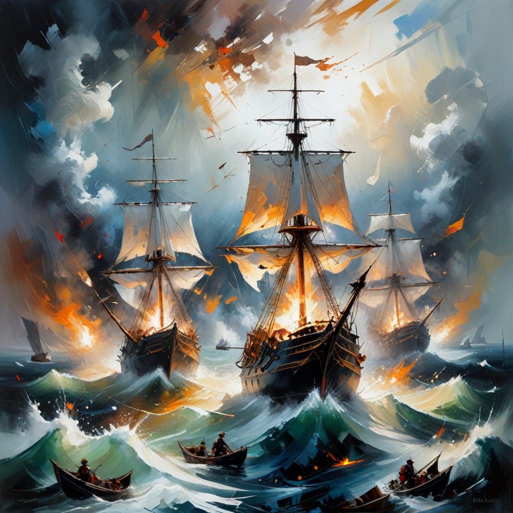 Expressionist Naval Battle Oil Painting with Floral Contrast