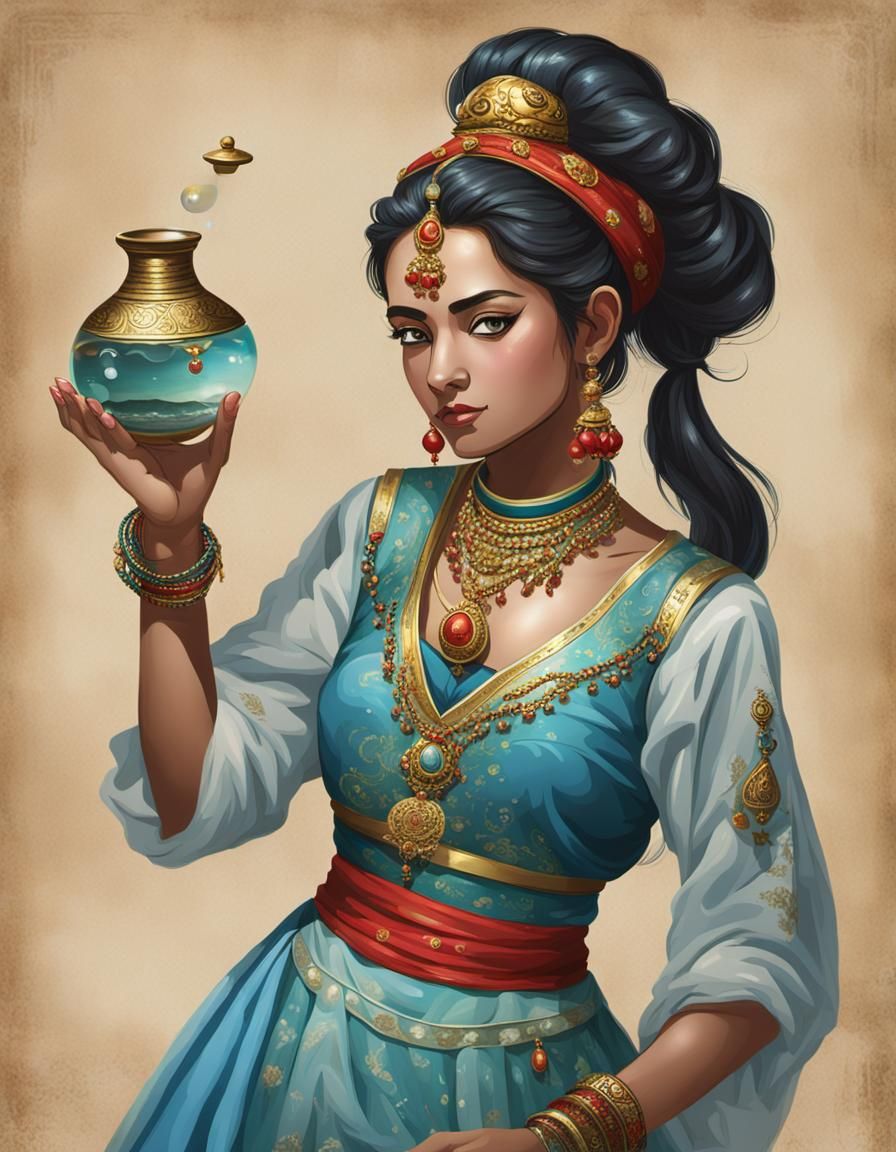 Female Genie Emerges from Bottle by the Ocean