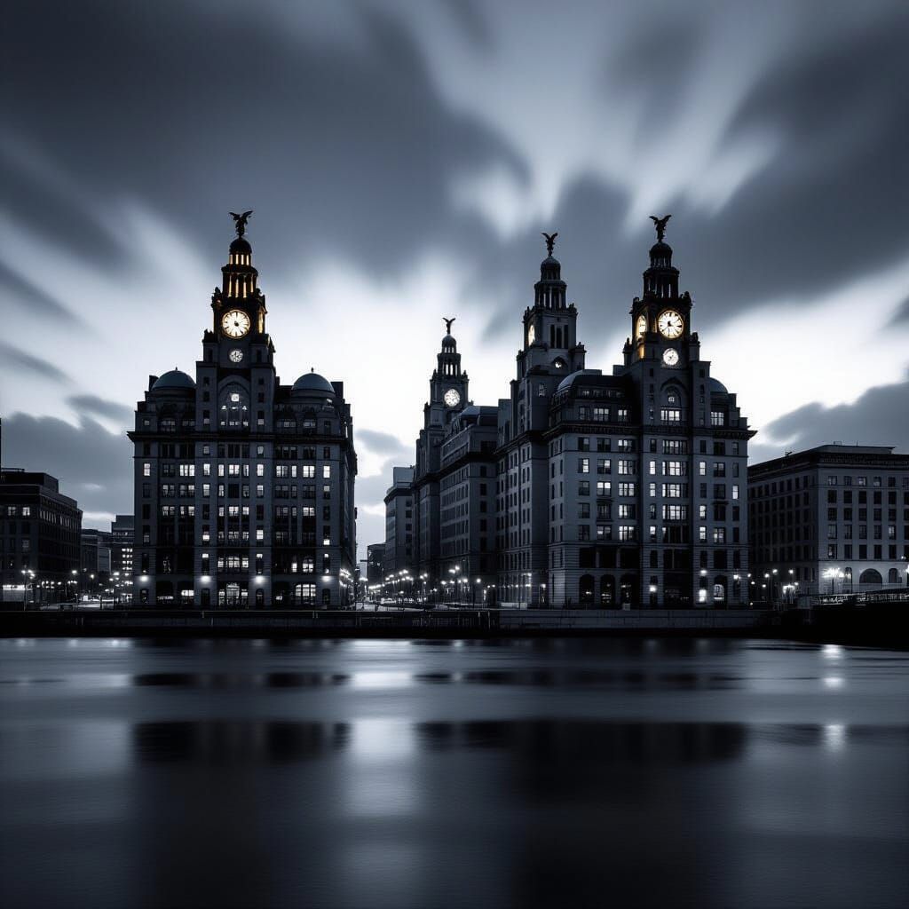 Gritty Black and White Liverpool Skyline at Dusk