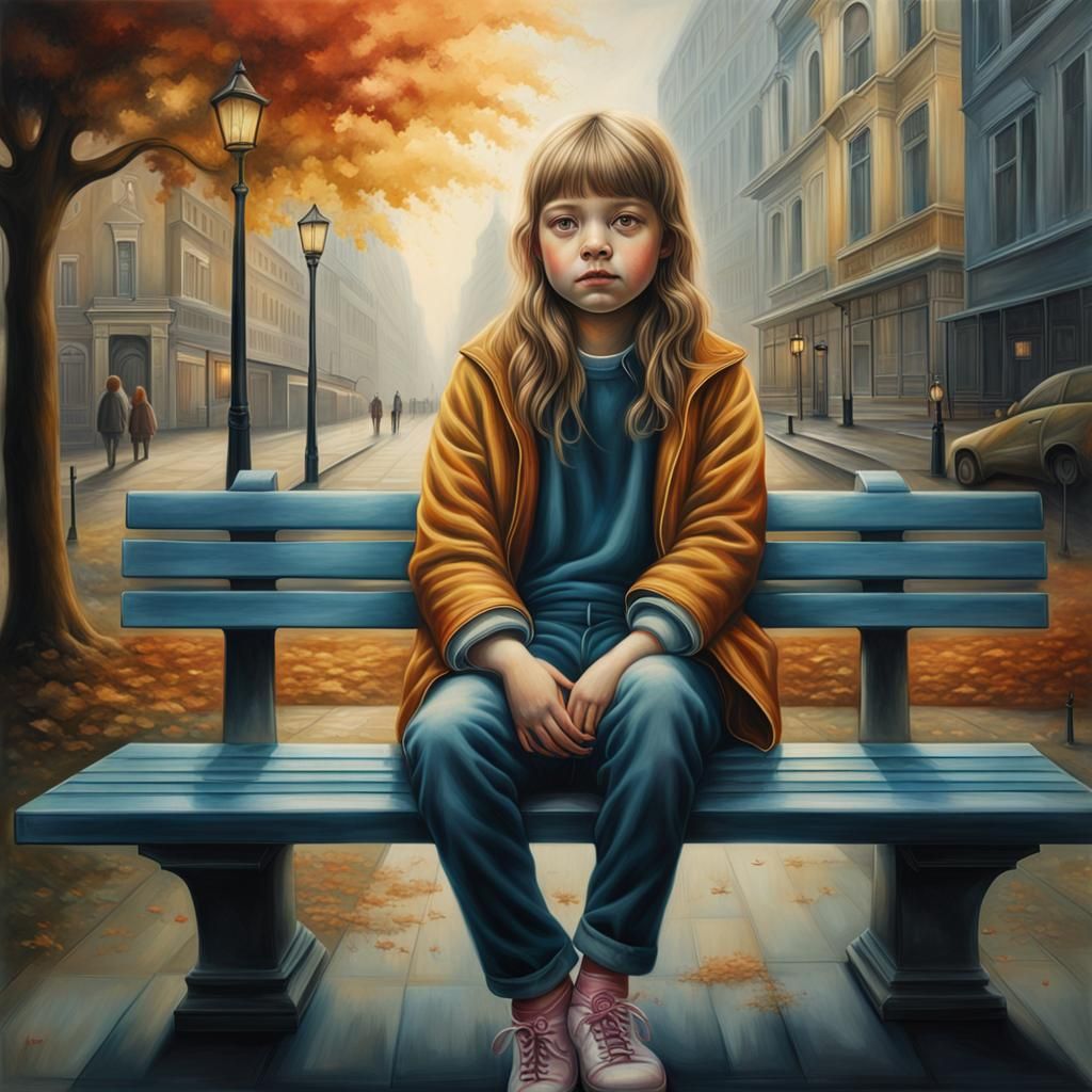 Atmospheric Portrait of Girl on Bench as Oil Painting