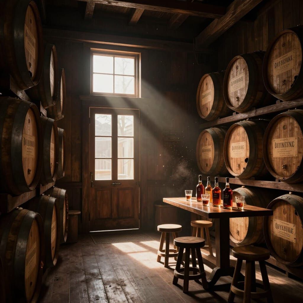 Old Bourbon Distillery Interior with Oak Casks