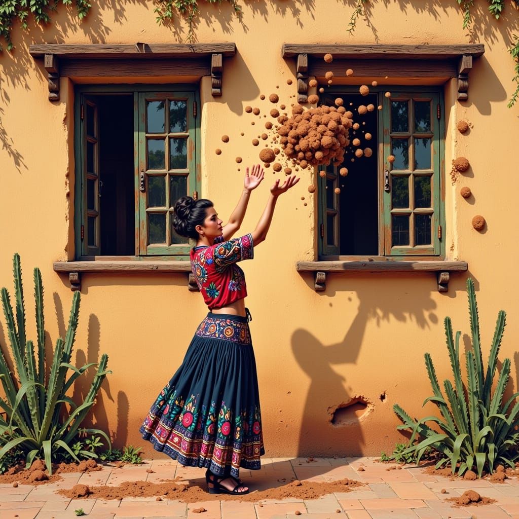 Woman Throwing Dirt Balls in Whimsical Mexican Art
