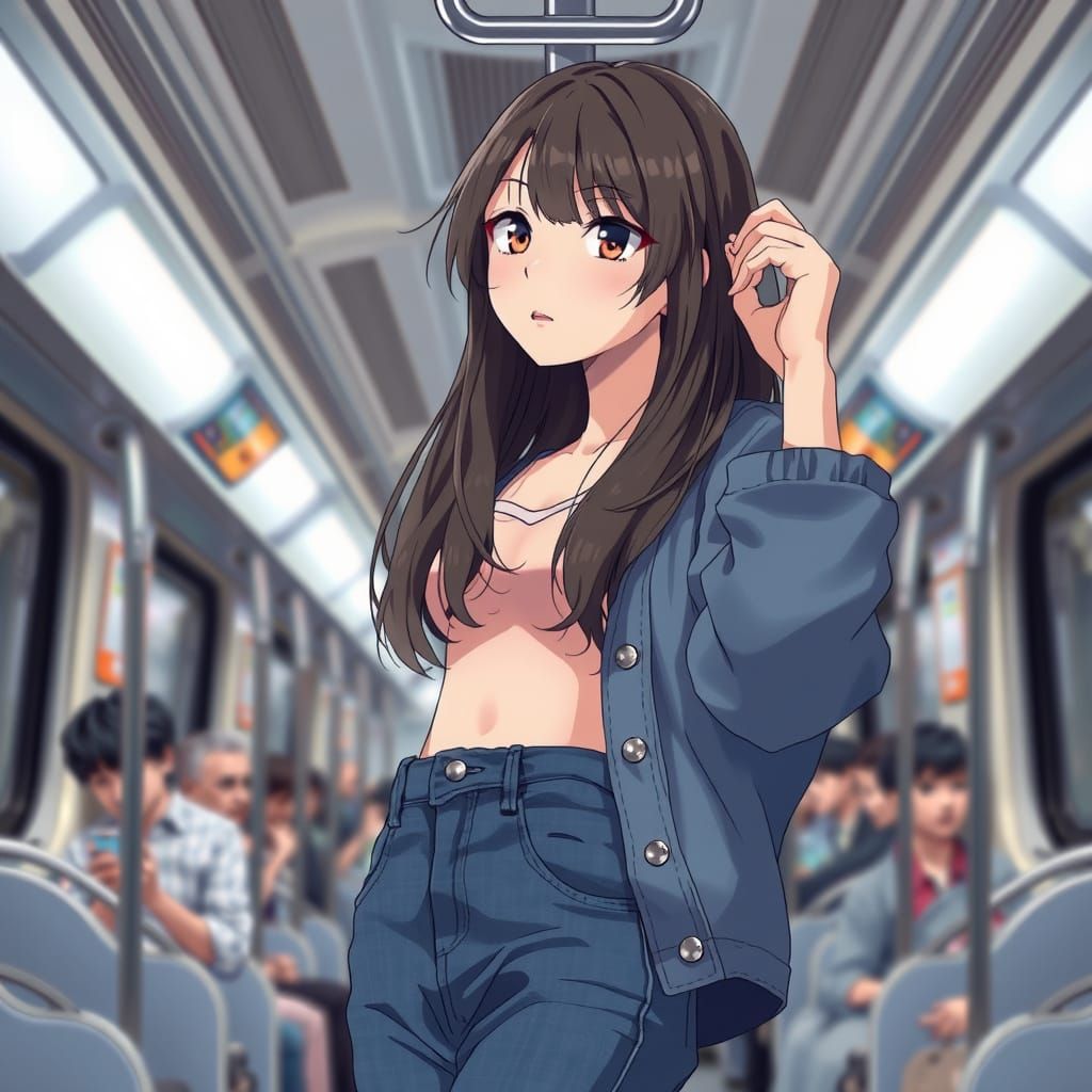 Adorable Young Woman on Train, Detailed Kawaii Portrait