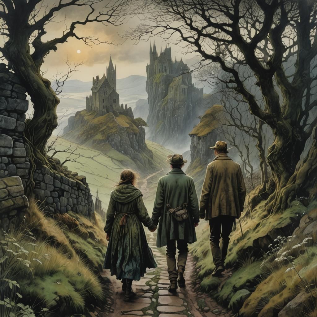 Couple Walks Misty Path in Faerie Landscape