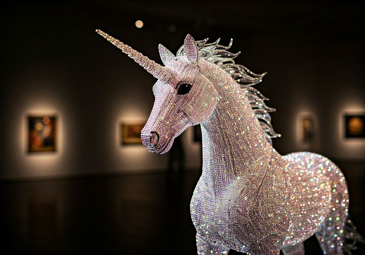 Majestic Beaded Unicorn Sculpture in Art Gallery