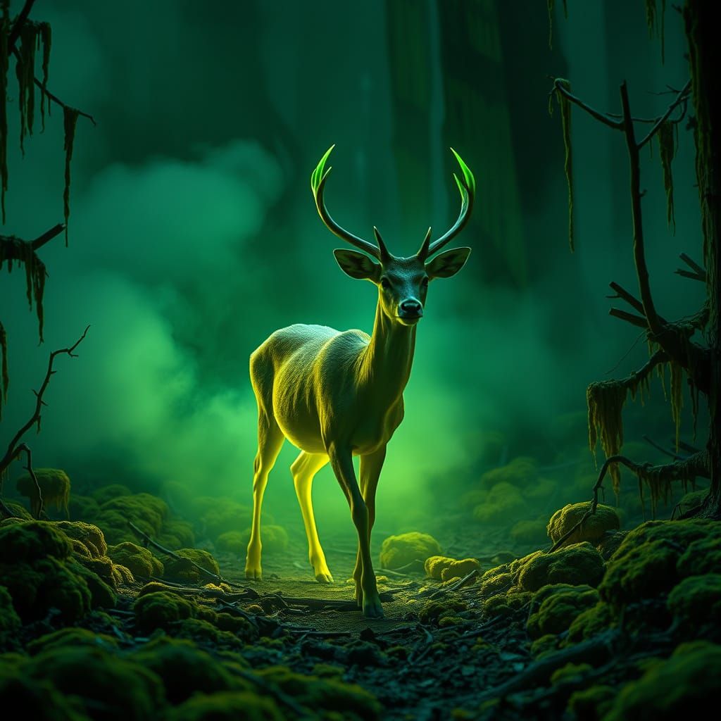 Bioluminescent Deer in Toxic Forest, Cinematic Style