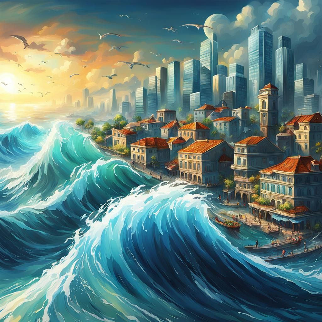 Ocean Waves Meet Futuristic City: 3D Digital Art
