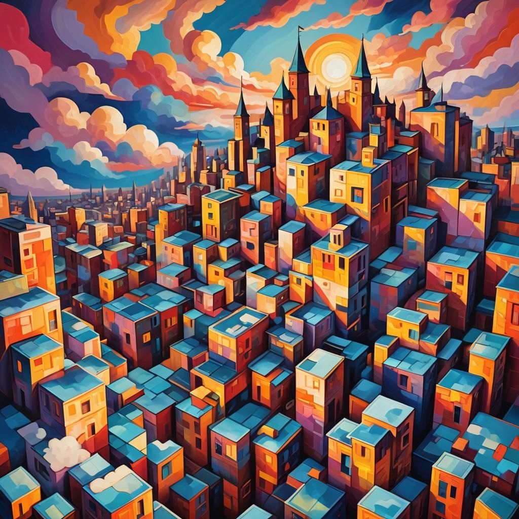 Geometric Cubist Sky with Neon Cityscape