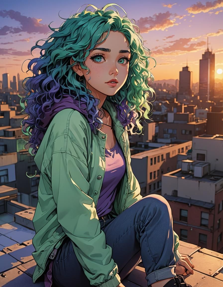 Anime Girl on Rooftop at Sunset in Cel-Shaded Style