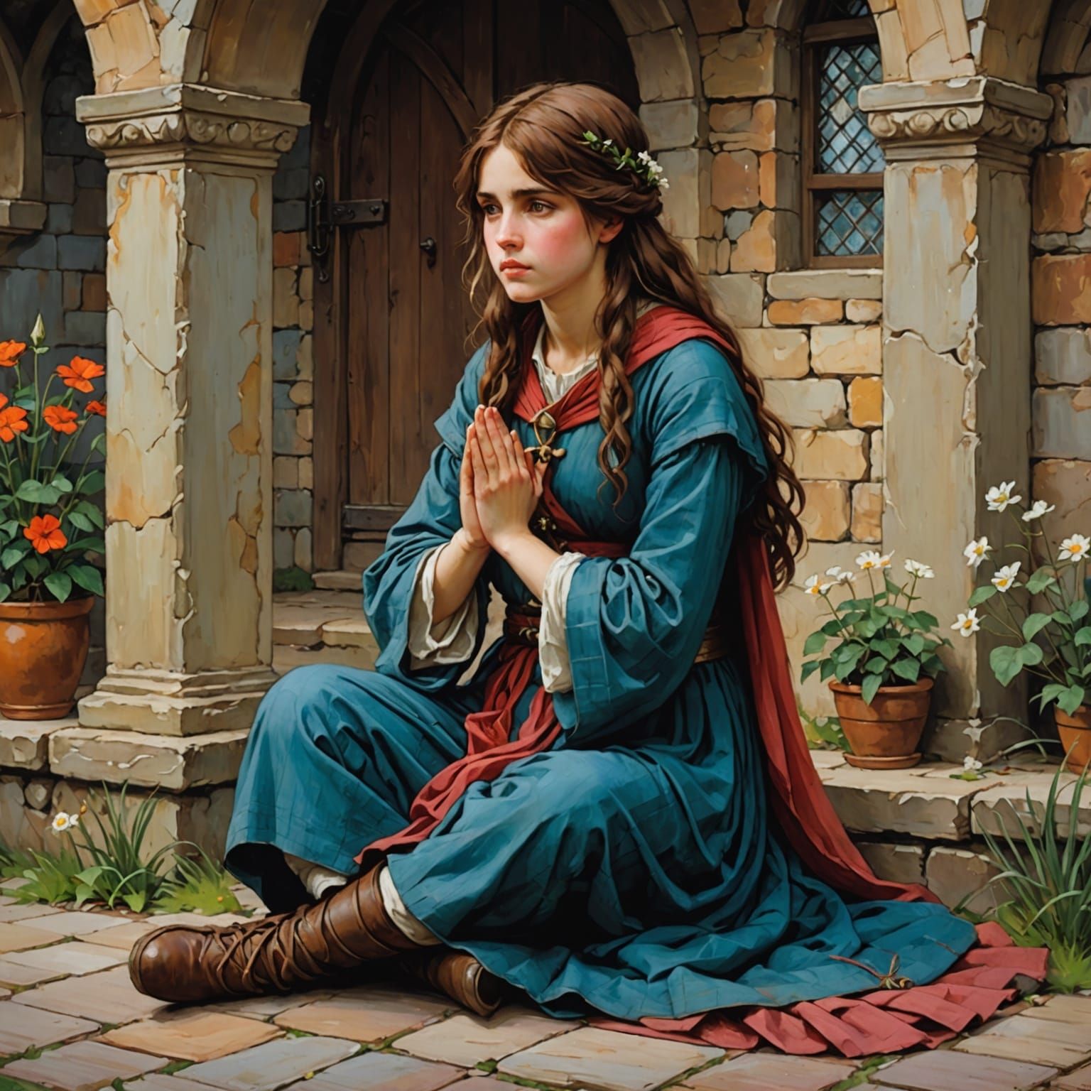 A Shy Girl Prays in a Beautiful Medieval Scene