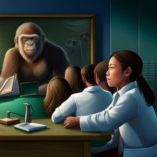 Gorilla Teacher with Monkey Students: Hyperrealistic Concept...