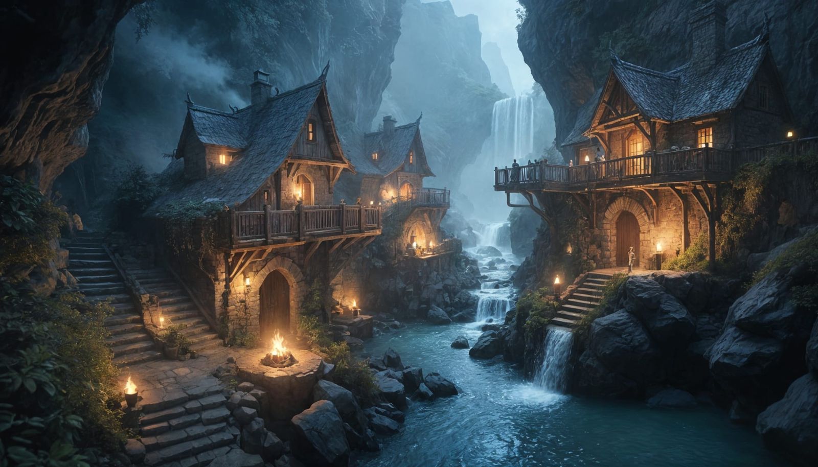 Elven Village in Subterranean Cave with Waterfall