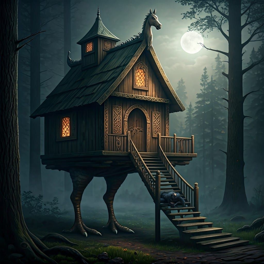 Mystical Hut on Chicken Legs in Foggy Forest