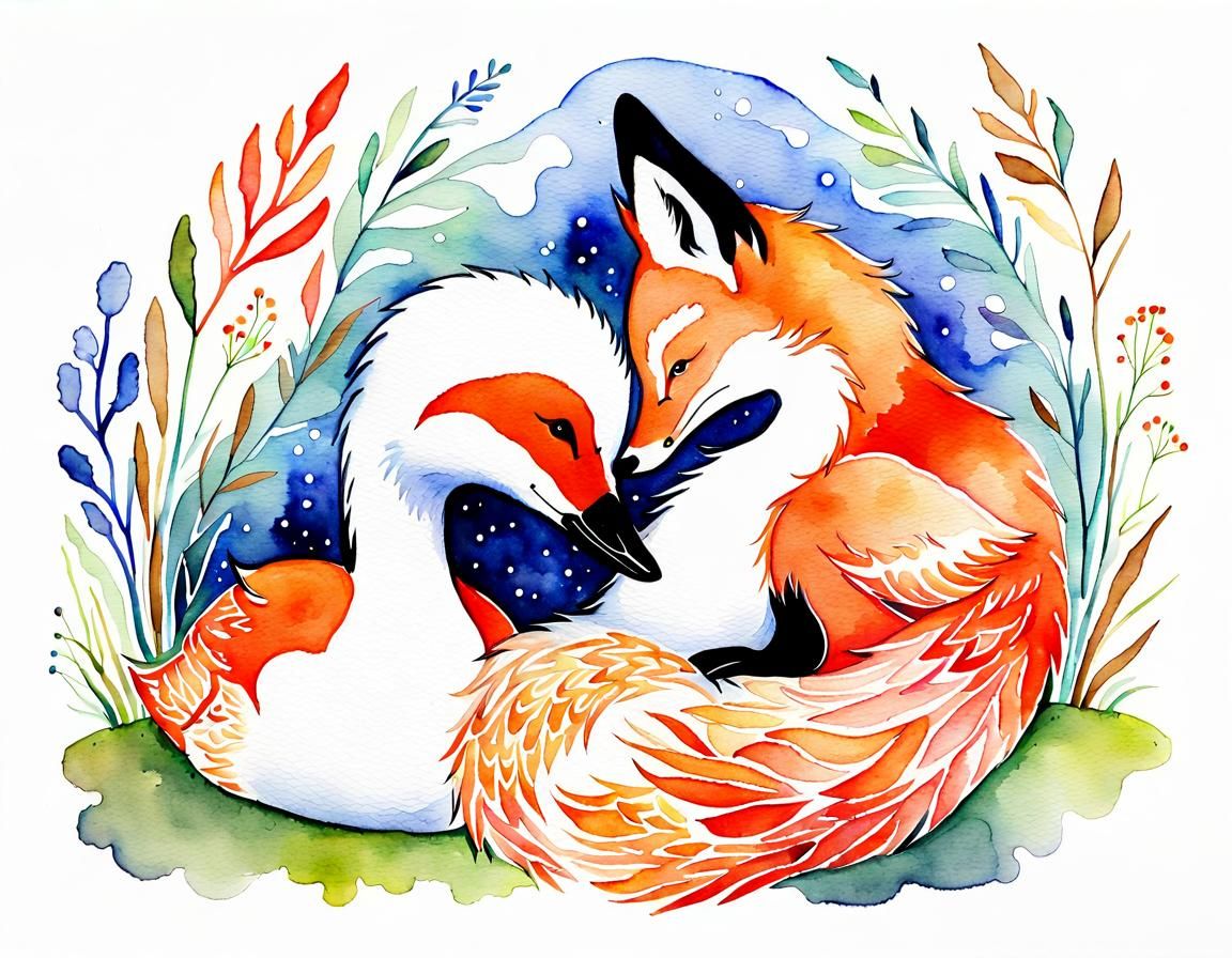 Goose cuddling fox whimsical watercolor