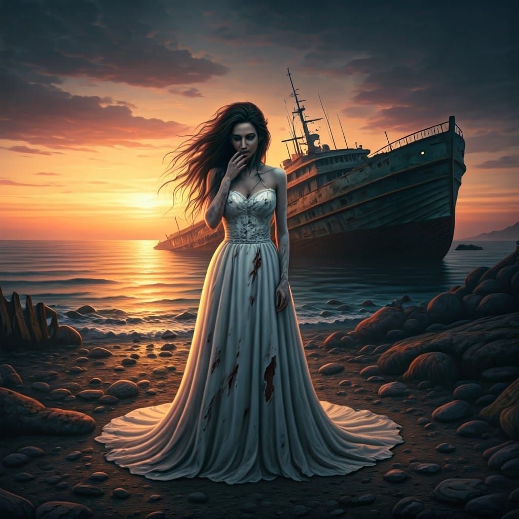 Heartbroken Bride on a Rock Coast at Sunset