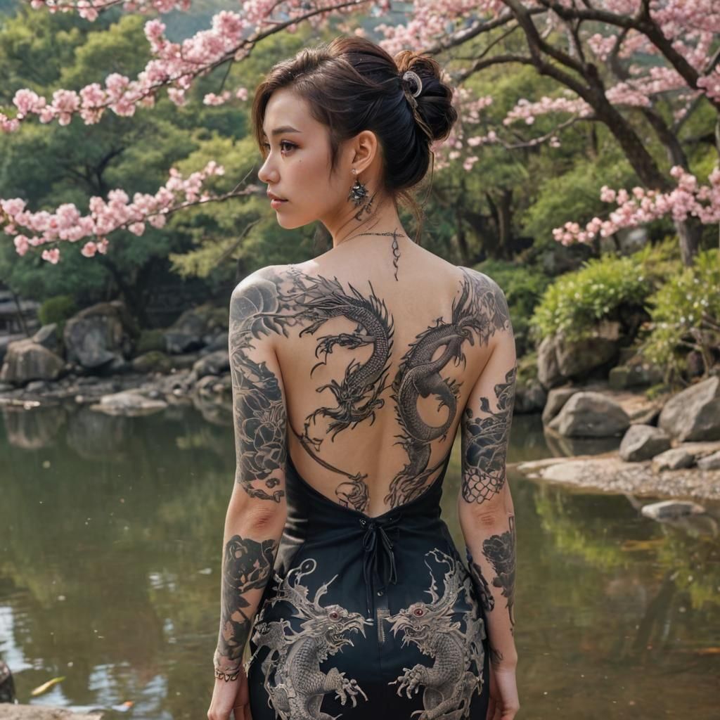 Woman with Dragon Tattoo in Japanese Landscape