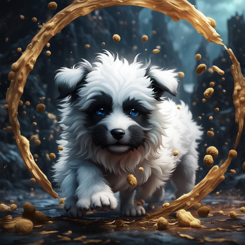Fluffy Puppy Playing: Detailed Fantasy Concept Art