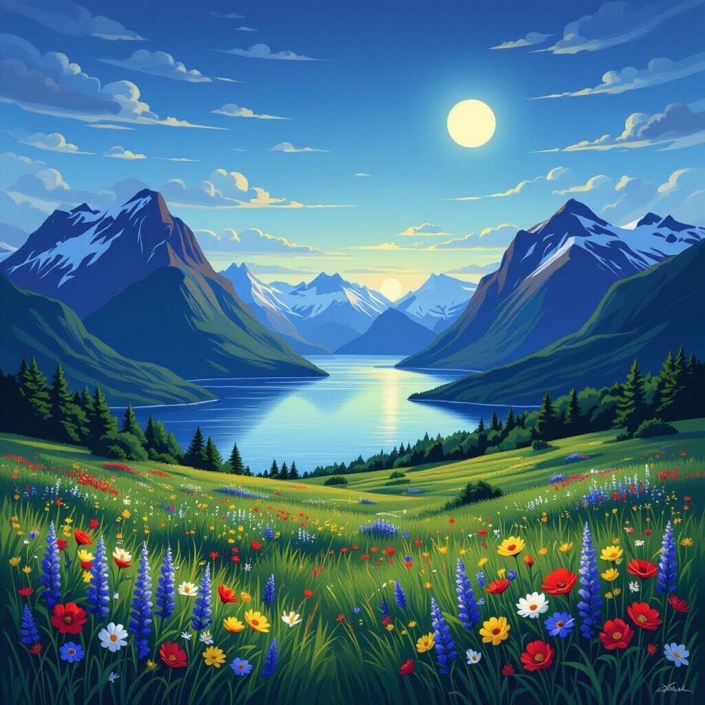 Midnight Sun Landscape: Surreal Realism in Vivid Colors
