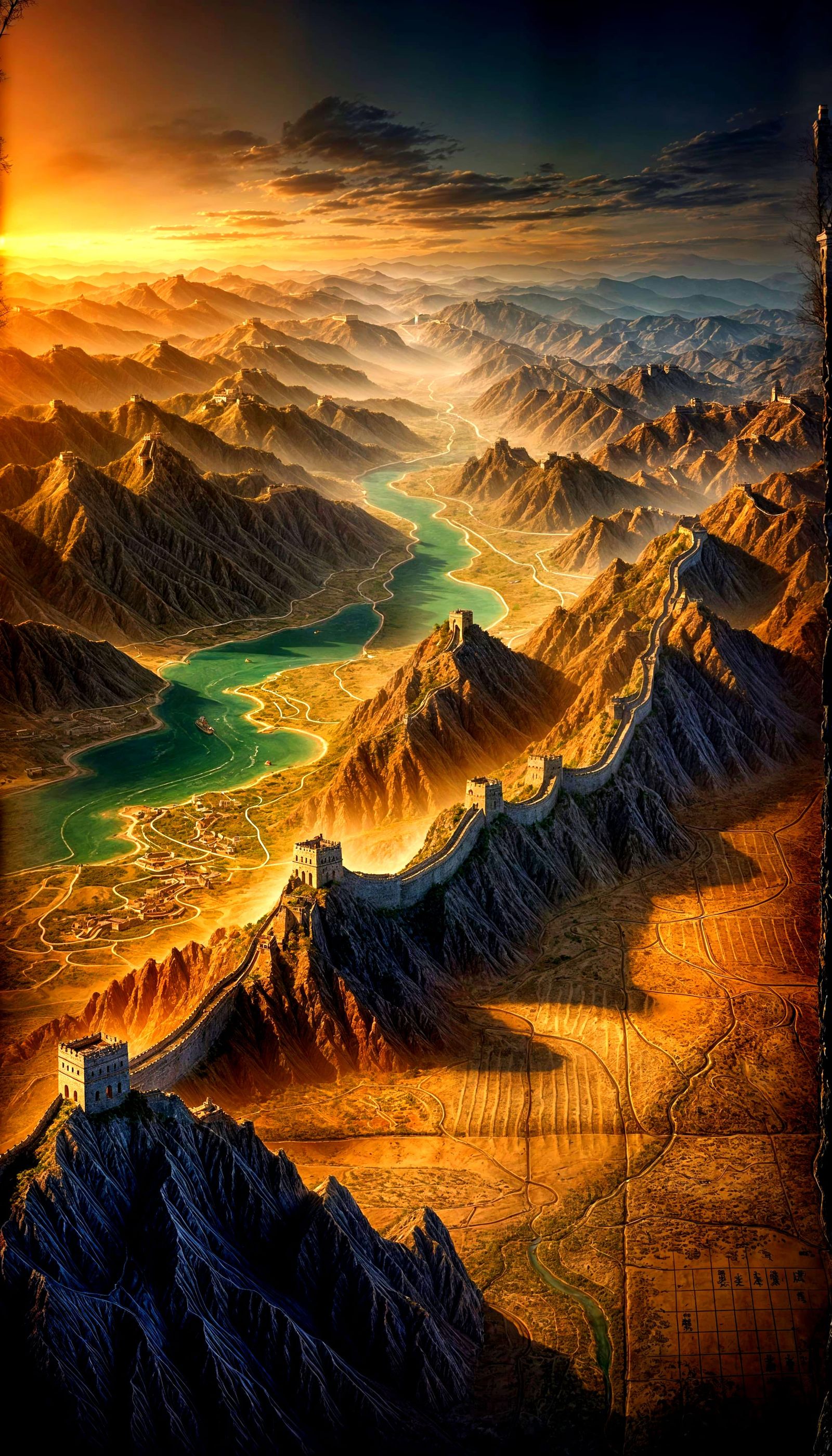 Ancient Chinese Map with 3D Great Wall