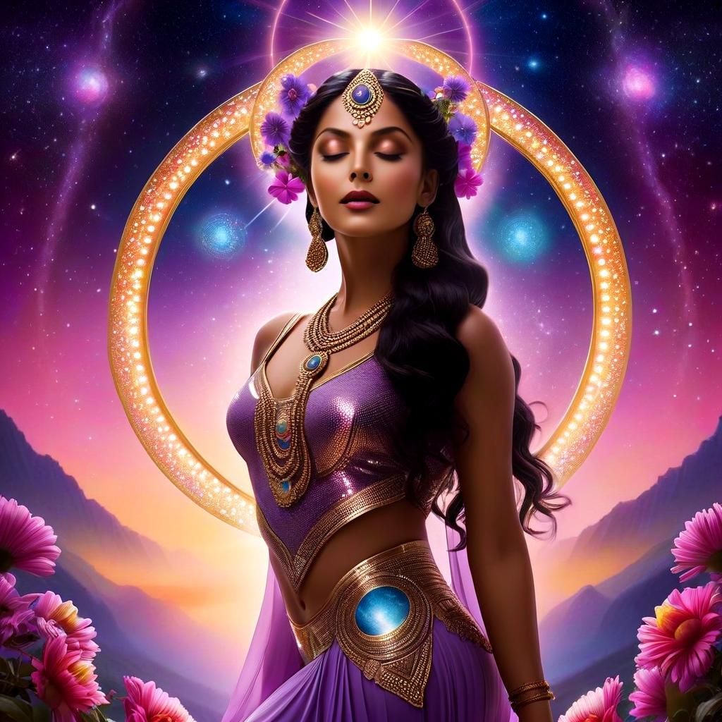 Bodhisattva's Divine Dance: A Klimt-Miro Fusion