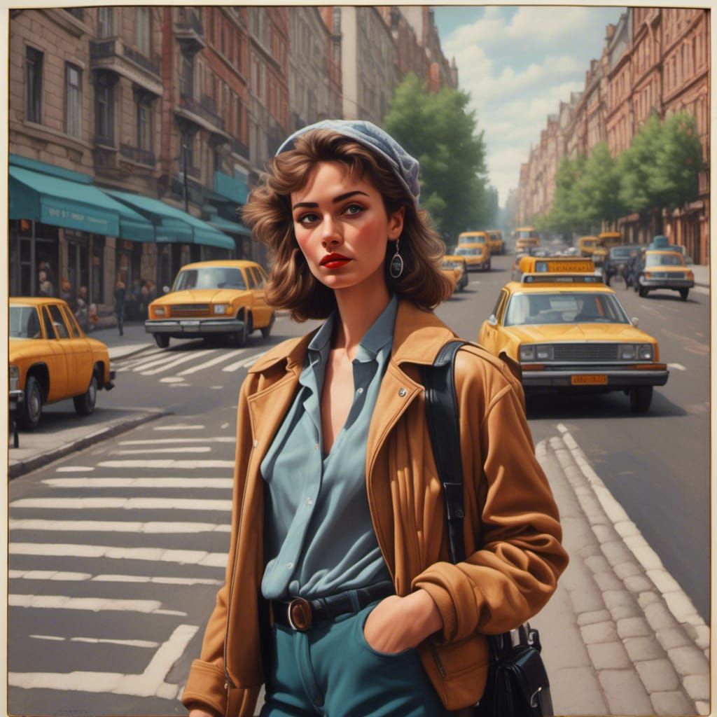 Woman Waiting for Taxi in 1980s Style