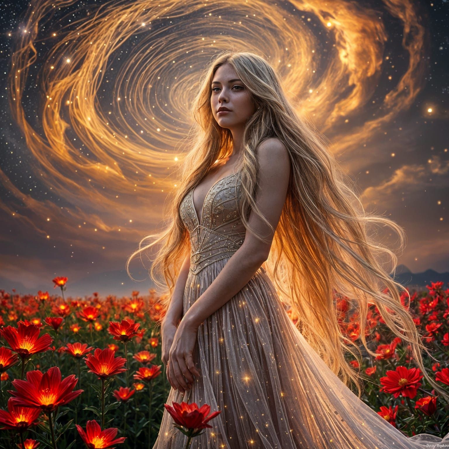 Woman with Golden Hair in Lunar Flower Field
