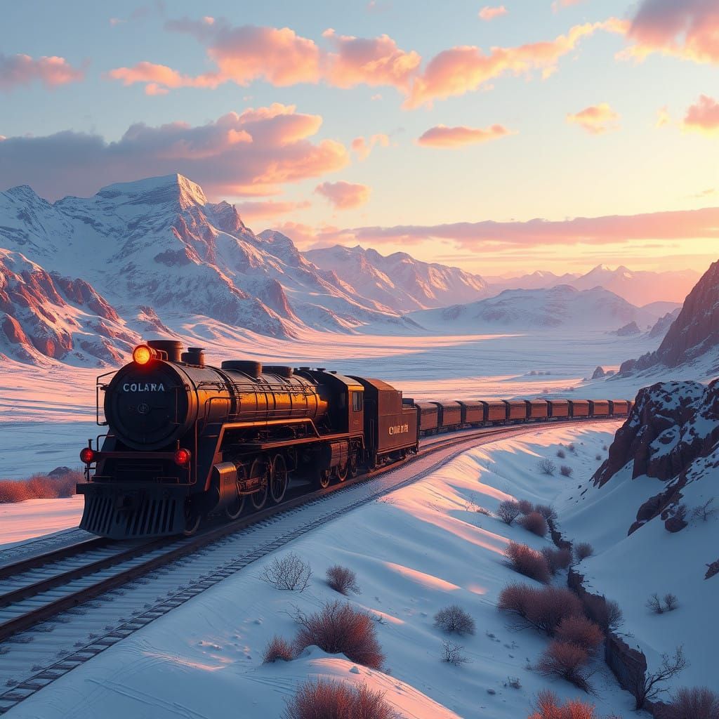 Train Crossing Desert Landscape in Vibrant Oil Painting Styl...