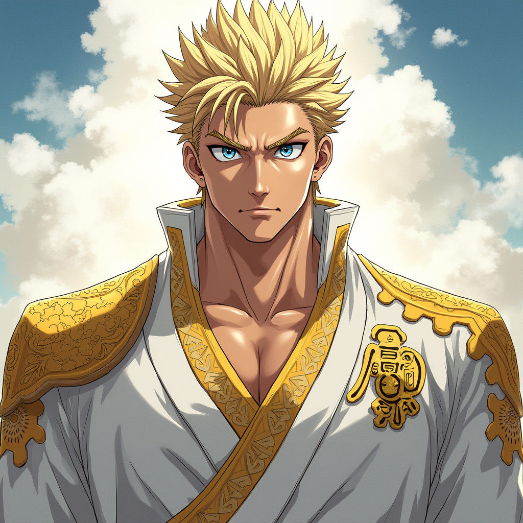 Imposing Man in Gold and White Anime Style