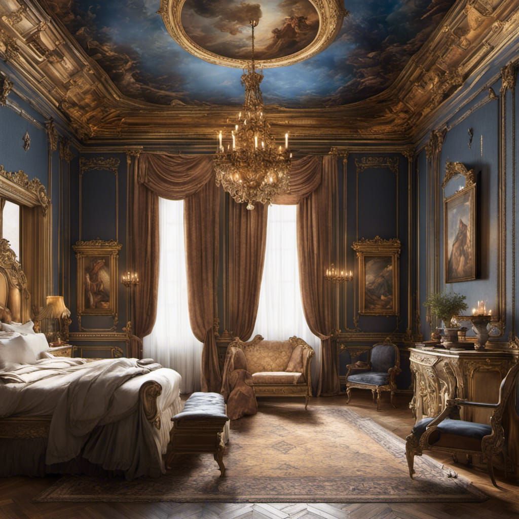 Depict a royal bedroom reminiscent of the Palace of Versailles, with elaborate frescoes, gilded moldings, and an antique...