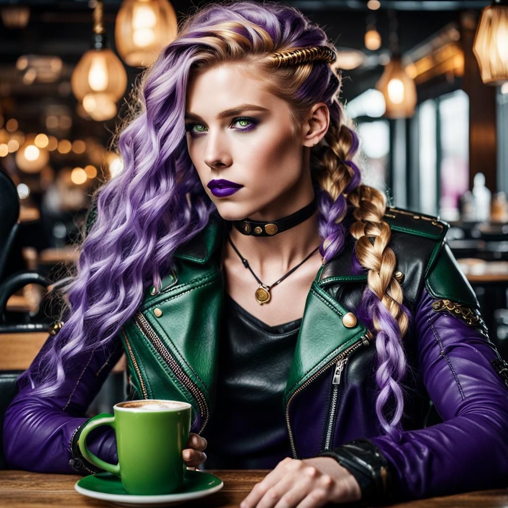 Valkyrie with Viking Features Drinking Coffee