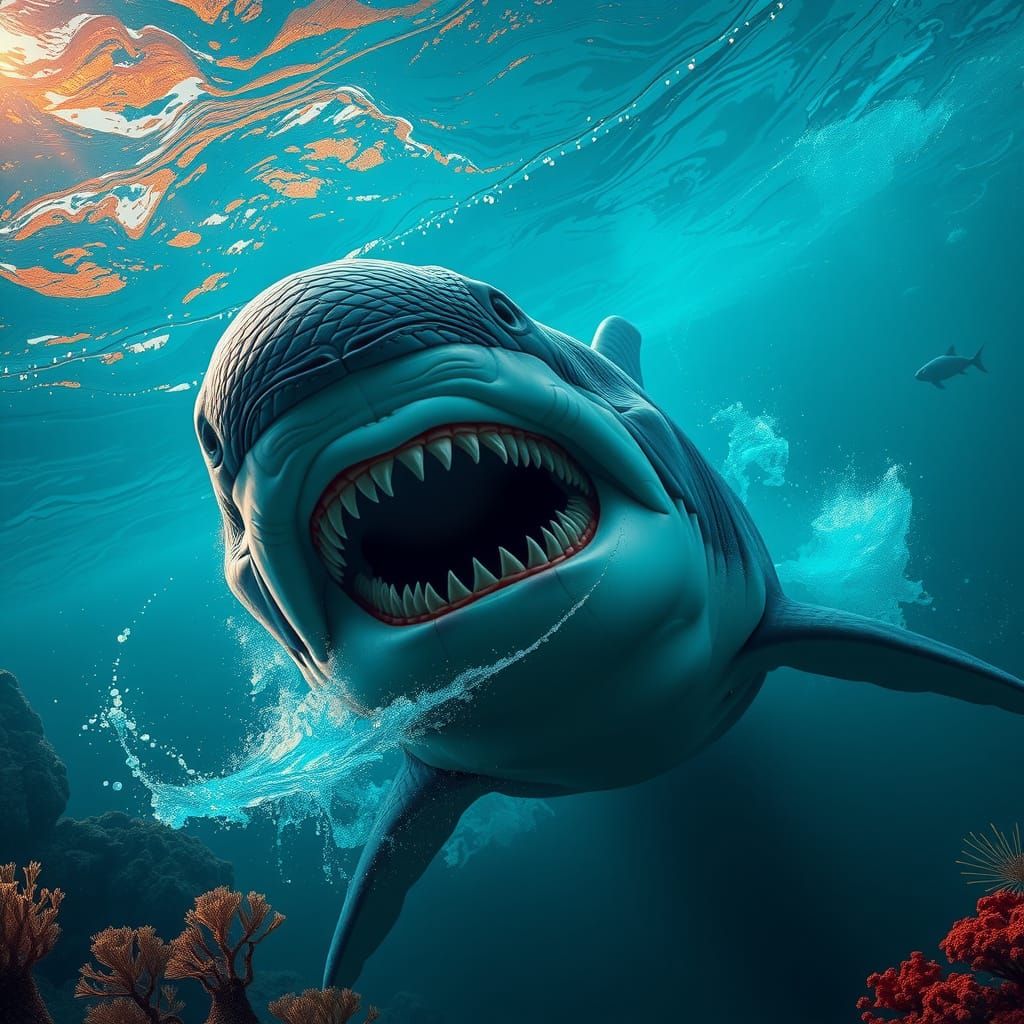 Megalodon Breaching Turquoise Ocean: Matte Painting
