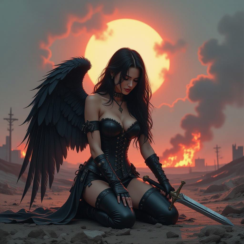Fallen Angel in War-Torn Landscape