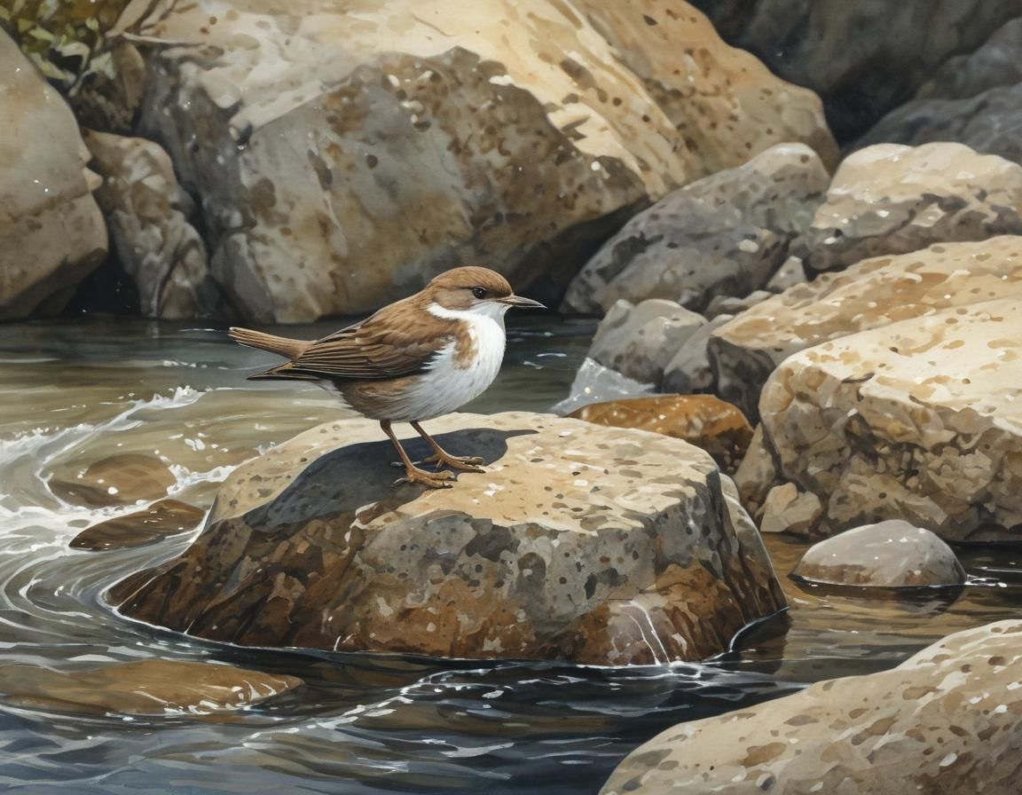Beautiful Dipper Sits on Stone in Raging Torrent Watercolor