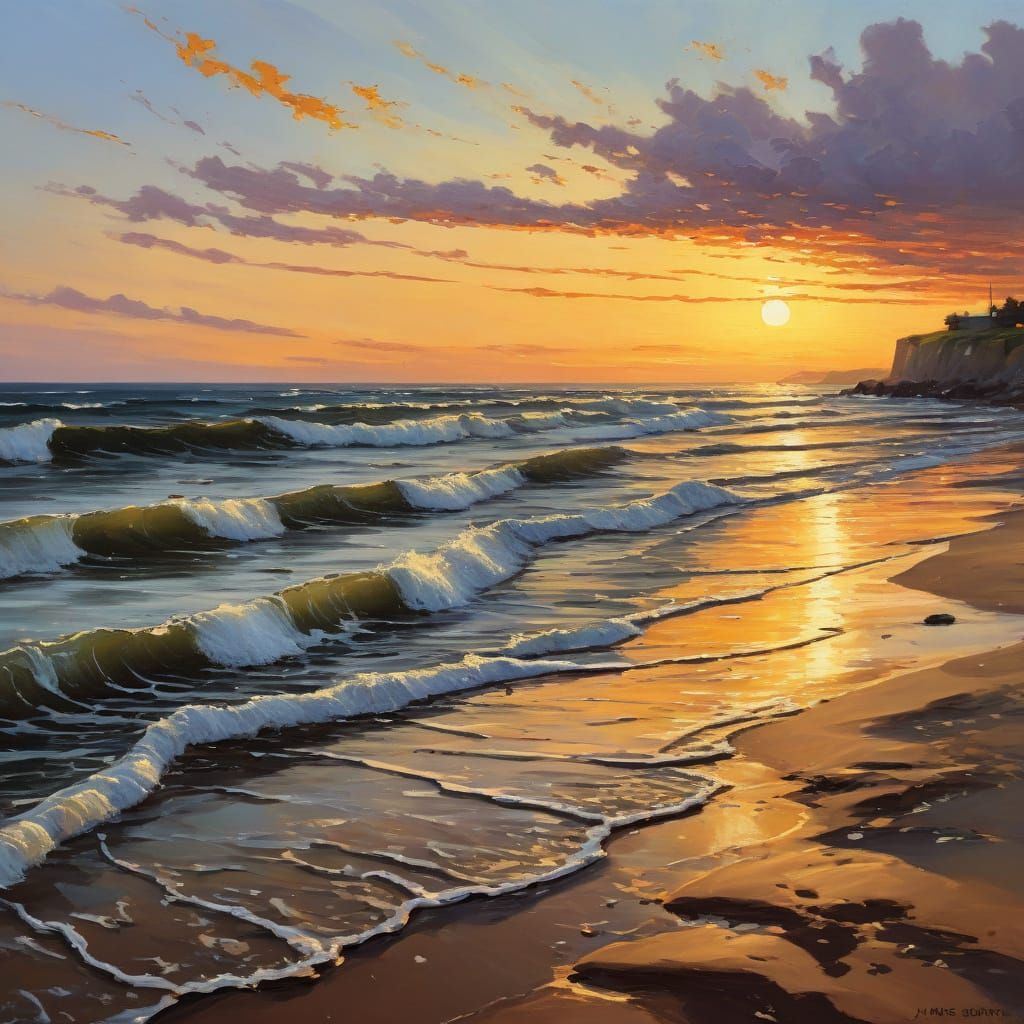 Warm Sunset Beach Scene in Impressionist Oil Painting Style