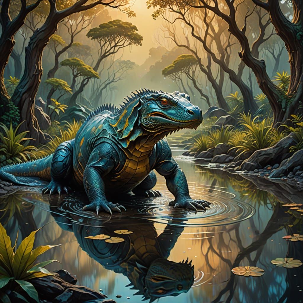 Ethereal Komodo Dragon in Dreamlike River Landscape